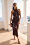 Kahverengi Halter Yaka Bodycone/Vücudu Saran Maxi Örme Elbise TPRSS26EL00079