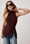 Brown Plain Regular Halter Neck Sleeveless Lace Detailed Stretch Knitted Blouse Twoss26Bz00755 - 2
