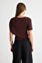 Koyu Kahverengi Fitted Pelerinli Bisiklet Yaka Düşük Kol Crop Sandy Örme Bluz TWOAW27BZ00093 - 5