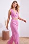 Pink Striped Lace Detailed Double Breasted Viscose Knitted Pajama Set Thmss26Pt00061 - 3