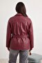 Bordo Regular Kuşaklı Suni Deri Kısa Büyük Beden Trençkot TWOAW27BM00002 - 5