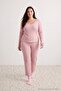 Pembe Çizgili Dantel Detaylı Fitilli Yumuşak Tuşe Kışlık Örme Pijama Takımı TBBAW27AI00002 - 2