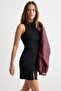 Siyah Bodycon/Vücuda Oturan Dik Yaka Çin Düğmeli Kısa / Mini Scuba Krep Örme Elbise TWOAW27EL00142
