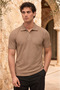 Evenor Embossed Patterned Polo Collar Buttoned Relaxed Fitsoft Thin Men's T-Shirt - Brown