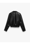 Shirt Collar Faux Leather Zipper Pocket Bomber Jacket - 5