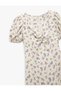Square Neck Gathered A-Line Balloon Sleeves Floral Slit Midi Dress Bürümcük - 5