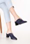 Women's Genuine Leather Mid-Heel Slippers Shhn.116 Navy Blue