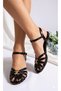 Women's Black Patent Leather Caged Sandals with Low Thin Heels and Gold Buckle Detail, Stylish Evening and Daily Shoes 5cm - 2