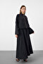 Black Women's Premium Tencel Fabric Skirt with Belt Detail and Flowy Textured Jacket Skirt Set - 2