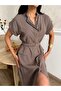 Women's Short Sleeve Belt Detailed Buttoned Tencel Fabric Dress - 7