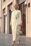 Buckle Detailed Double Layered Asymmetrical Sleeve Satin Evening Dress -Ecru - 5