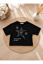 Black star patterned 100% cotton t-shirt anthracite star patterned denim capri holiday special day girl's outfit - 5
