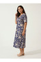 Women's Plus Size Dress Combed Cotton Short Sleeve V-Neck Buttoned Floral Pattern Midi Navy Blue - 4