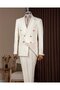 Slim Fit Men's Double-Breasted Pointed Collar Striped Linen Suit Ecru T20100-05 - 5
