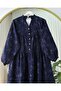 Elastic Sleeves, Half Buttoned, Jacquard Printed, Parted Dress - Navy - 7