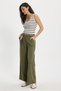 Women's Relax Fit Comfortable Cut 100% Cotton Elastic Waist Scarf Detailed Double Pocket Khaki Trousers - 6