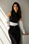 Women's Cuffed Shirt with Button Sleeves, Cream Elastic Poplin - 2