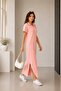 Pink Polo Neck Modal Fabric Slit Long Dress