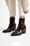 Brown Wrinkled Patent Leather Pointed Toe Zippered Western Cowboy Boots - 5