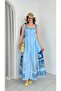 Women's Buttoned Bodice Square Neck Patterned Maxi Long Linen Dress