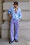 Navy Blue Adjustable Waist Wide Leg Draped Striped Trousers 6541
