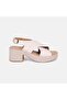 Women's Cream Cross-Strapped Thick Heeled Leather Sandals - 2