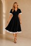 Women's Black Crepe Fabric Padded Double Breasted Collar Sleeves and Skirt with White Lace Detail Midi Evening Dress 77164