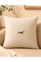 Beige Checkered Dog Embroidered Linen Throw Pillow Cover |   With Hidden Zipper - 2
