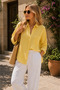 Yellow Oversized Summer Cotton Linen Shirt Pocketed Trendy Loose Fit Drop Shoulder Women - 5