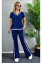 Women's Short Sleeve V-Neck Viscose Two Thread Blouse and Trousers Two-Piece Set