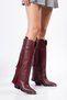 Burgundy Matte Leather Tasseled Trousers Metal Toe Western Cowboy Knee-Length Boots - 6