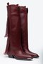 Burgundy Matte Leather Tasseled Trousers Metal Toe Western Cowboy Knee-Length Boots