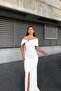 White Flexible Scuba Fabric Bow Stone Detailed Long Evening Dress583419 - 3