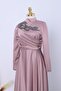 Evening Dress with Stone Collar and Draped Front - Pink