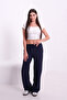 Navy Blue Linen Effect Loose Fit Belted Trousers