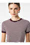 Cotton Short Sleeve Contrast Piping Crew Neck Striped Ribbed T-Shirt - 3