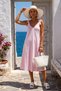 Pink-White V-Neck Striped Shoulder Tie Casual Muslin Woven Dress 100 56
