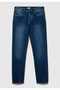 Men's dark blue cotton blend slim fit denim pants with logo label back and pockets