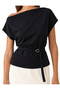 Slim Fit Asymmetrical Drape Collar Sleeveless Crepe Blouse with Metal Accessories and Belt - 5