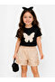 Round Neck Summer Print Stone Detailed Capri Girls' Top and Bottom Set - 3