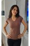 Women's Short Sleeve V-Neck Brown Color Body T-Shirt Bluz - 2