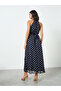 Navy Blue Foil Print Maxi Dress with Tie-Belt - 5