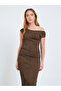 Brown Texture Asymmetric Neck Bodycon Midi Dress - 2