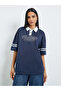 Navy Blue Slogan Contrast Collar Oversized Polo T-Shirt - 3