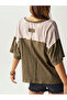 Khaki Color Block 100% Cotton Drop Shoulder T-Shirt - 6