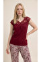Burgundy Lace Collar Detailed Viscose Short Sleeve Pajama Set - 3