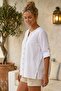 White Round Neck 3/4 Sleeve Buttoned Slit Perforated Embroidered Casual Cotton Woven Blouse 70 56 - 4