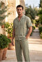 Men's Short Sleeve Linen Shirt & Baggy Pants Green Bottom Top Set Ls-7023 - 2