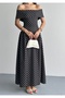 Women's White Black Polka Dot Lycra Boat Neck Long Dress
