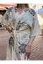 Cream/Orange Color Peacock Feather Motif Kimono - 3